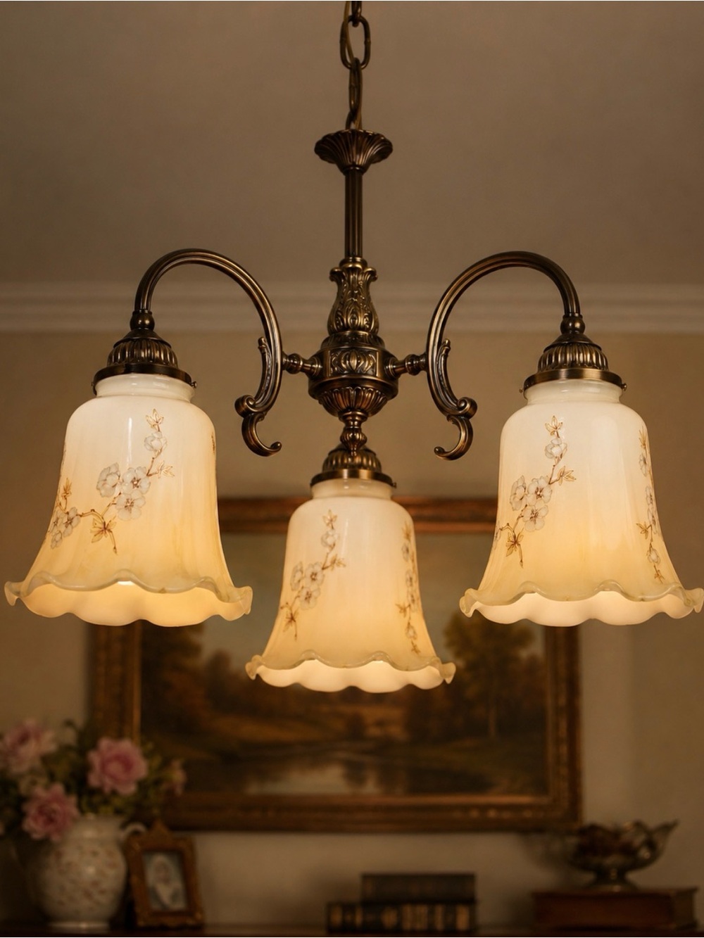 3 Vintage White Glass Bell Lamp Globe  Fan Vanity Ruffled Edge Floral
